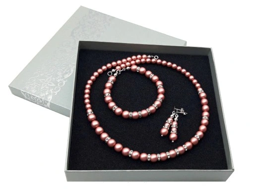 komplet biżuterii pudrowy róż SREBRO PERŁY CYRKONI