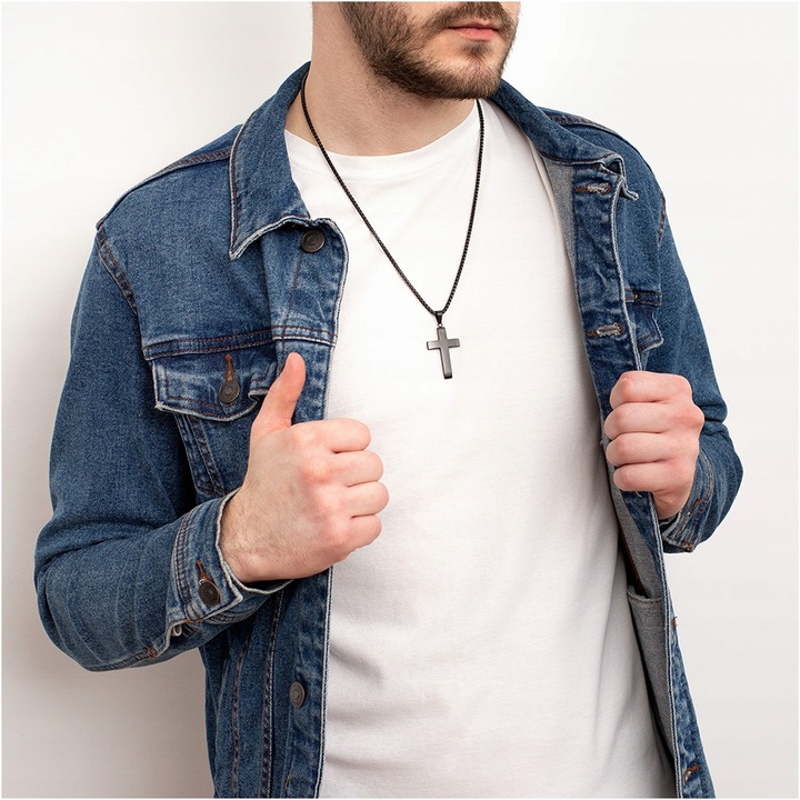 Naszyjnik z krzyżem męski stal chirurgiczna czarny splot grawer BLINGART