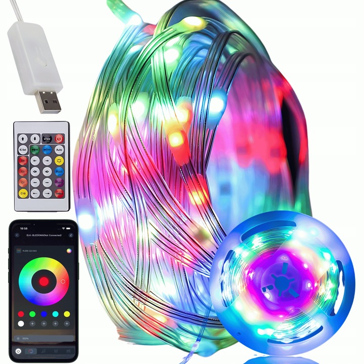 Magiczne lampki Choinkowe RGB USB IP65 200 led 10m Pilot Aplikacja DC 5V