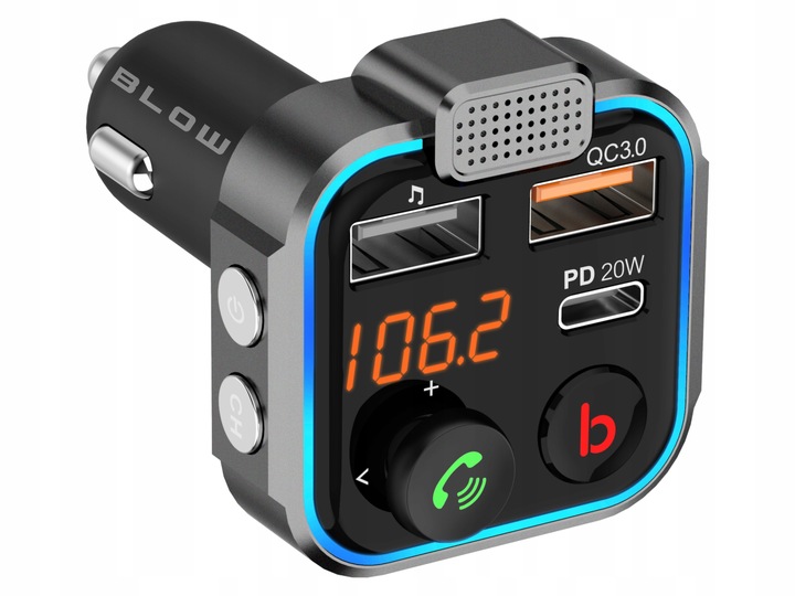 TRANSMITER BLUETOOTH 5.0 FM ŁADOWARKA USB PD 20W QC 3.0 BASS MOCNY MIKROFON