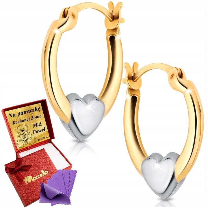 Złote Kolczyki 585 Wiszące Gładkie Okrągłe z Sercem Dla Kobiety Grawer