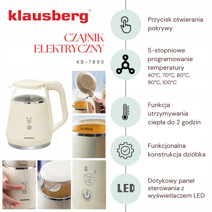 Czajnik elektryczny Klausberg KB-7893 szklany LED 1L Programy temperatury