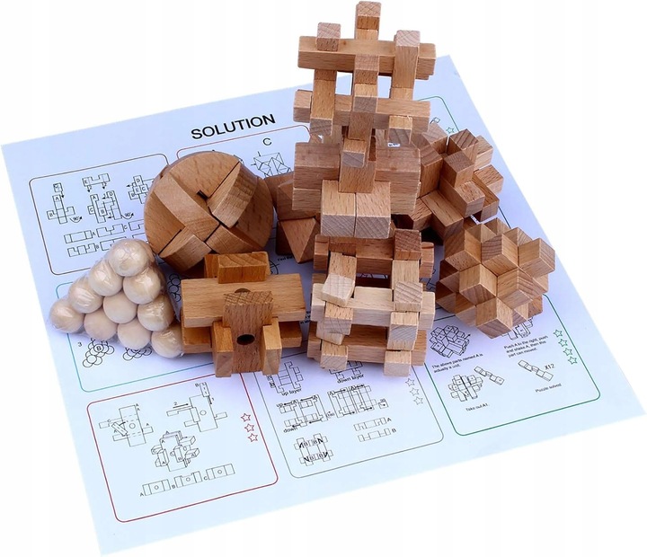 Zestaw Drewnianych klocków 3D Łamigłówek 9w1 gra| Puzzle Logiczne IQ (B017)
