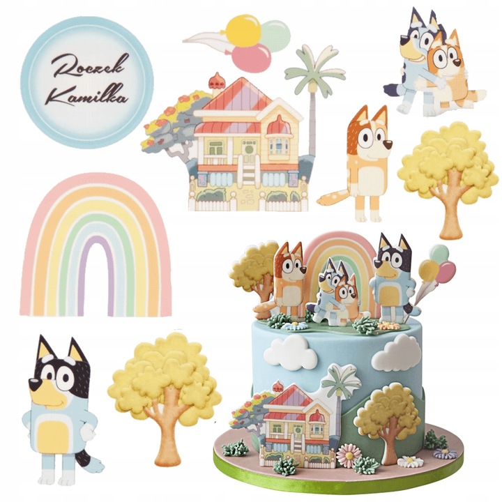 Wydruk Opłatek Tort Zestaw BLUEY 8 El + GRATIS Tabliczka Napisem BLUE