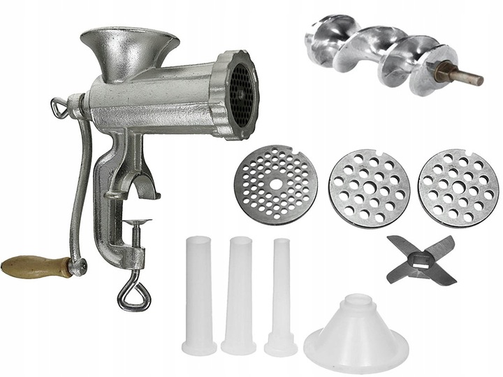 RĘCZNA MASZYNKA do MIELENIA Mięsa Żeliwna nr. 10 Nadziewarka 3 Sita Lejki