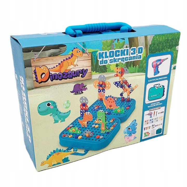 Klocki konstrukcyjne w walizce wkrętarka śrubki do skręcania dinozaur