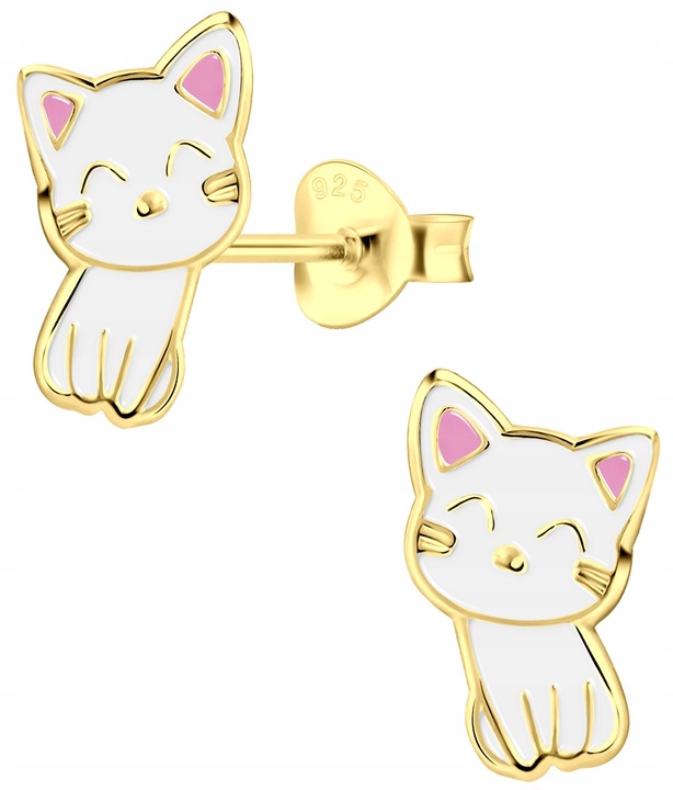 KOLCZYKI SREBRNE DLA DZIEWCZYNKI DZIECI WKRĘTKI SREBRO 925 KOTEK ZŁOTE