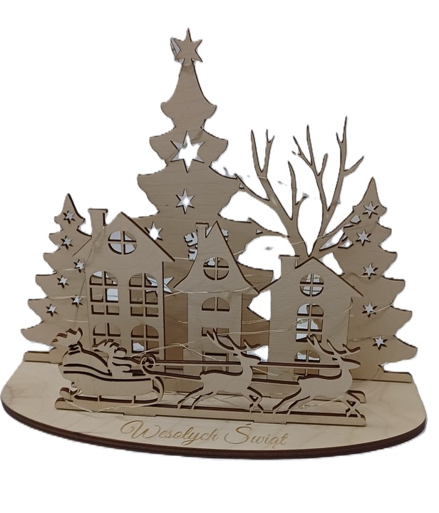 Miasteczko ze sklejki, ozdoba świąteczna, Boże Narodzenie, LED, grawer