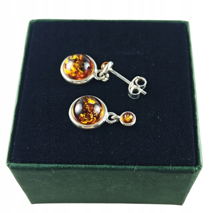 KOLCZYKI SREBRNE z Bursztynem DELIKATNE Wiszące Sztyft SREBRO 925 PREZENT