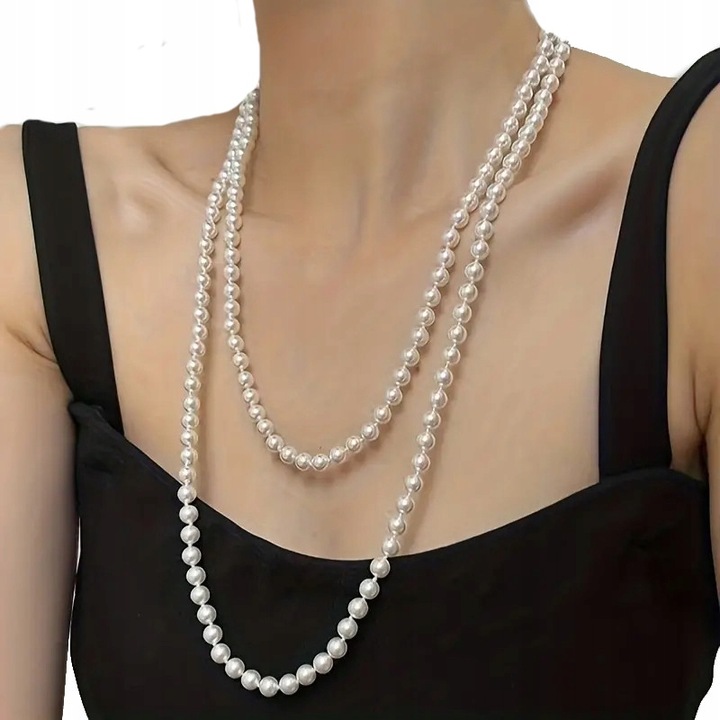 NASZYJNIK DŁUGI PERŁY SZKLANE BIAŁE 150 cm