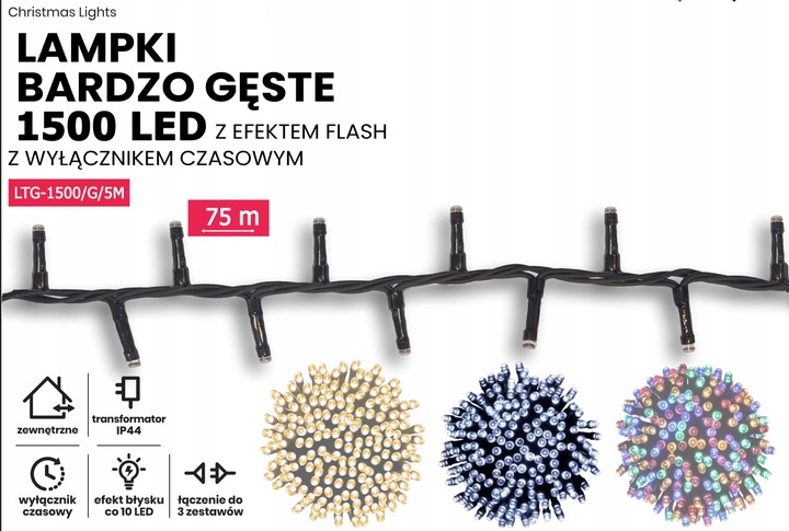 ZEWNĘTRZNE LAMPKI CHOINKOWE 1500 LED GĘSTE 75m KOLOROWE + FLESZ