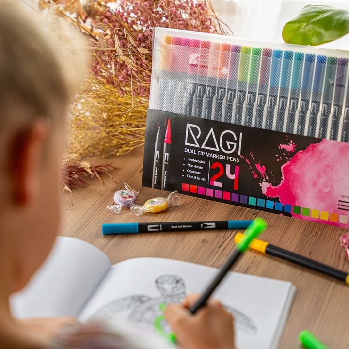 MARKERY AKWARELOWE 24 SZT MAZAKI PISAKI FLAMASTRY DWUSTRONNE WODNE ZESTAW