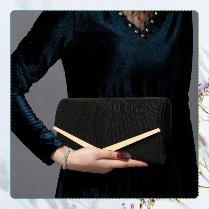 Torebka Wieczorowa Czarna Kopertówka Błyszcząca Ślub Wesele Wizytowa mała
