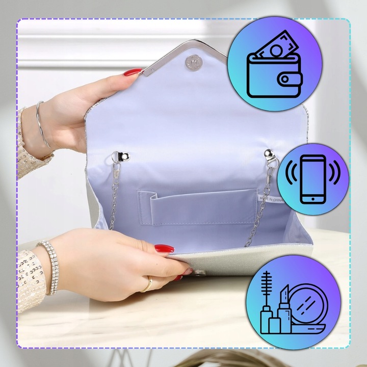 Srebrna Torebka Kopertówka Błyszcząca Wizytowa Damska portfel łańcuszek