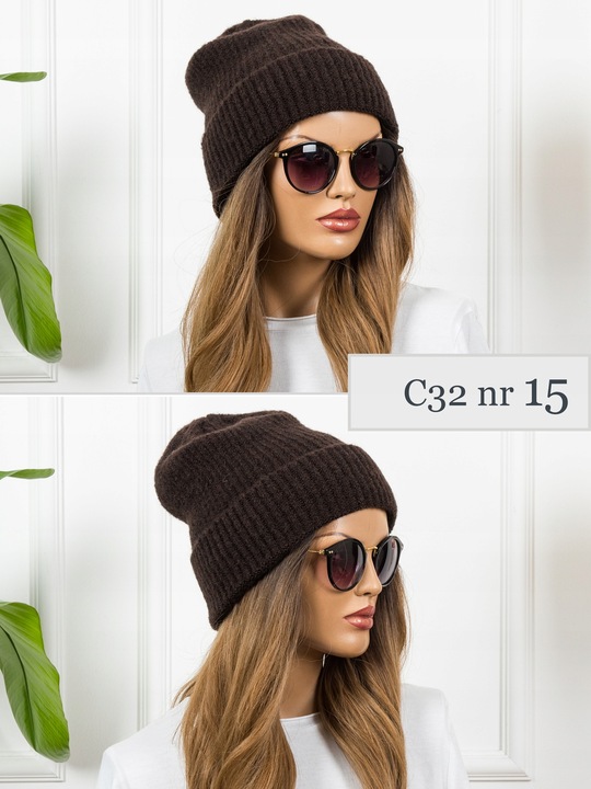 CZAPKA DAMSKA CIEPŁA Wywijana Zimowa czekoladowy brąz Beanie PREMIUM