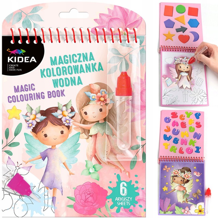 MAGICZNA WIELORAZOWA KOLOROWANKA WODNA 6 ARKUSZY PISAK DO KOLOROWANIA KIDEA