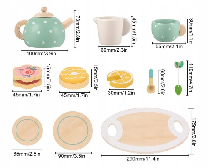 SERWIS KAWOWY HERBACIANY DREWNIANY ZESTAW DO HERBATY DLA DZIECI CZAJNIK 15e