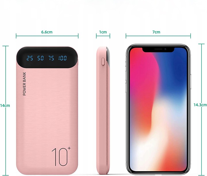 POWERBANK 10000mAh 2,4A 2×USB/USB-C QC PD SZYBKI WYDAJNY POWER BANK LED RÓ