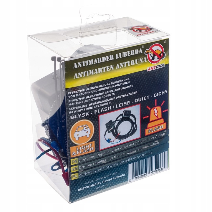 Ultradźwiękowy odstraszacz kun Antykuna CICHY I BŁYSKAJĄCY na 4 strony