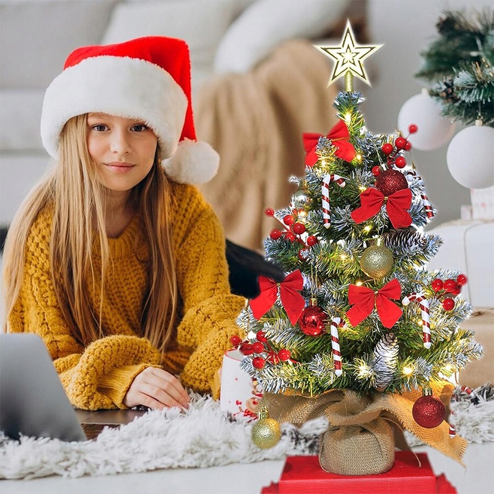 MAŁA SZTUCZNA CHOINKA 60 CM DO DEKORACJI STOŁU Z OŚWIETLENIEM LED