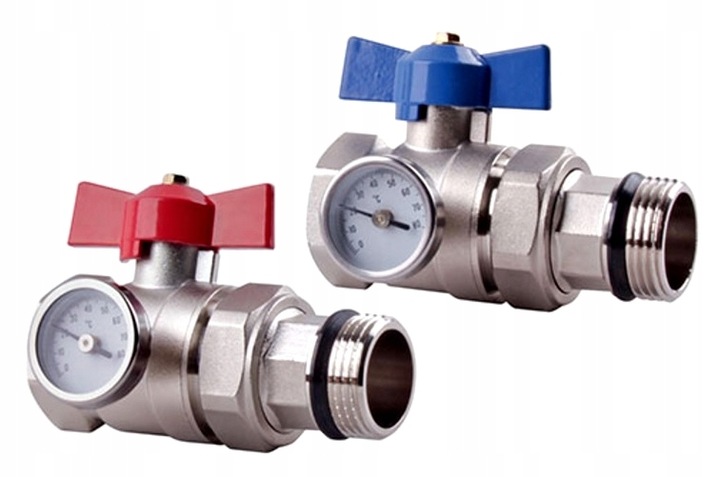 Zawór kulowy 1'' ze śrubunkiem i termometrem 2 szt