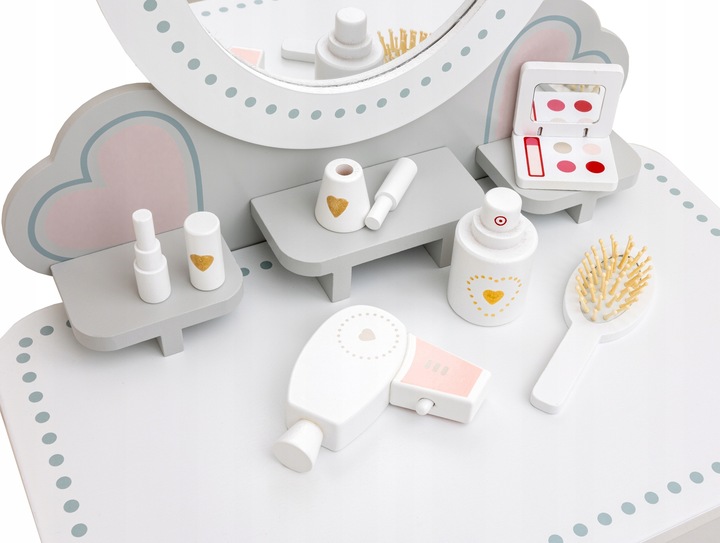 Drewniana toaletka dla dziewczynki z krzesełkiem lustro akcesoria szuflada