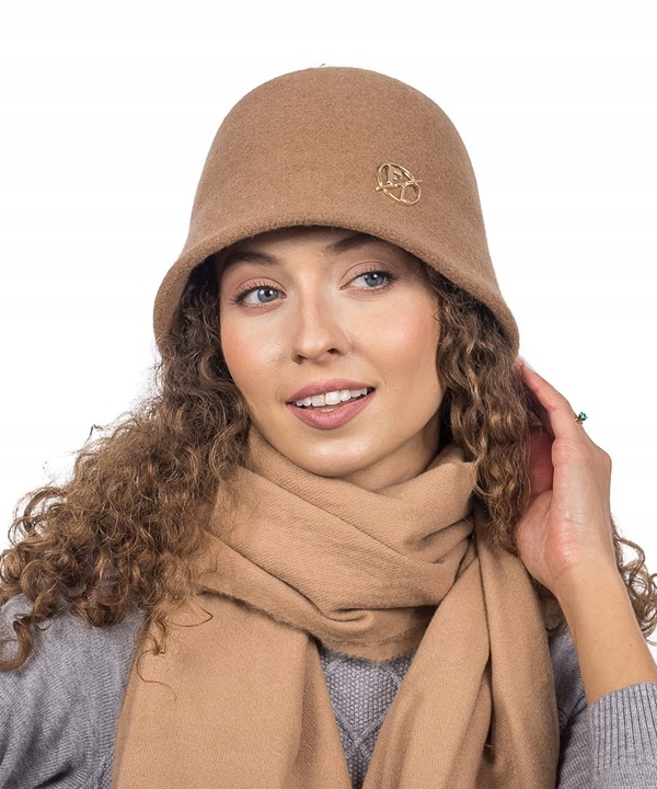 Camelowy Kapelusz Bucket Czapka Damski Wełniany Elegancki Gładki