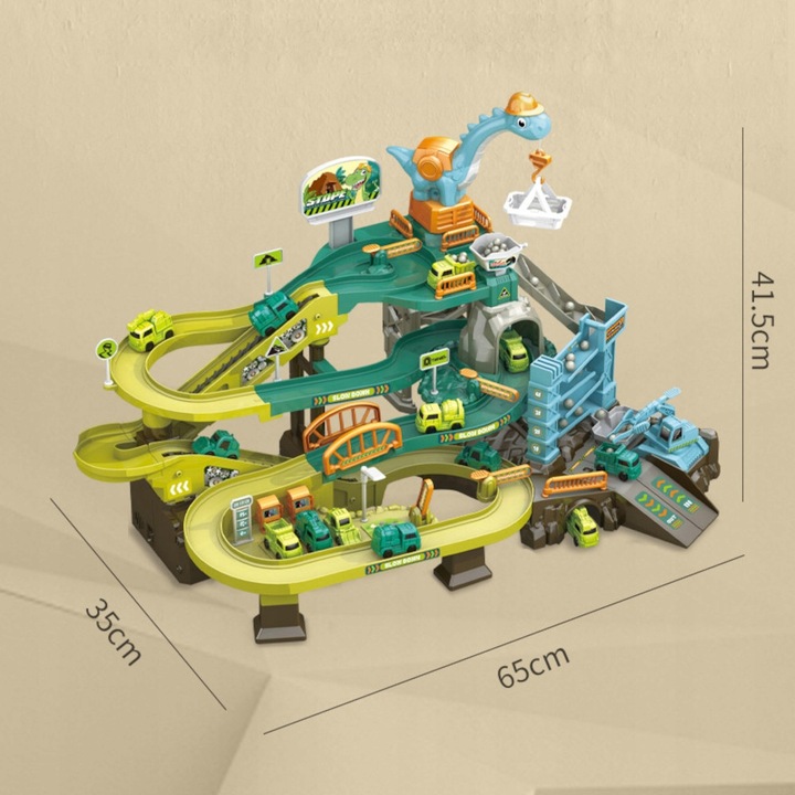 MEGA TOR SAMOCHODOWY PARKING POCIĄG DŹWIG KOLEJKA STACJA TUNEL DINOZAUR REX