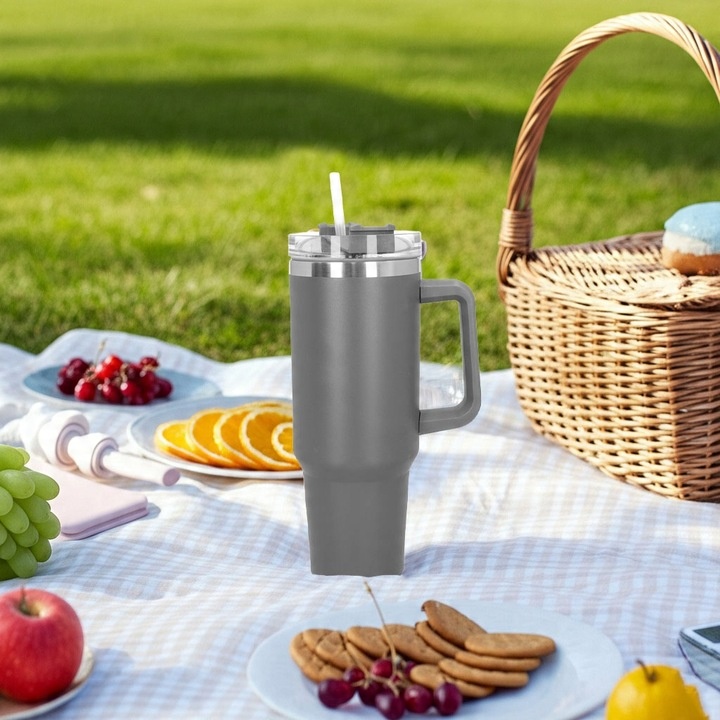 Kubek termiczny ze słomką próżniowy na kawę herbatę szary duży 1,2l