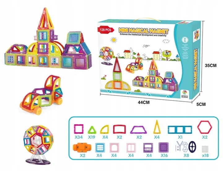 KLOCKI MAGNETYCZNE KONSTRUKCYJNE 3D ZESTAW 128 ELEMENTÓW DLA DZIECKA