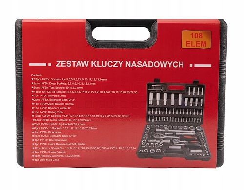 ZESTAW NARZĘDZIOWY KLUCZE NASADOWE 108 ELEMENTÓW NASADKI GRZECHOTKI 1/4 1/2