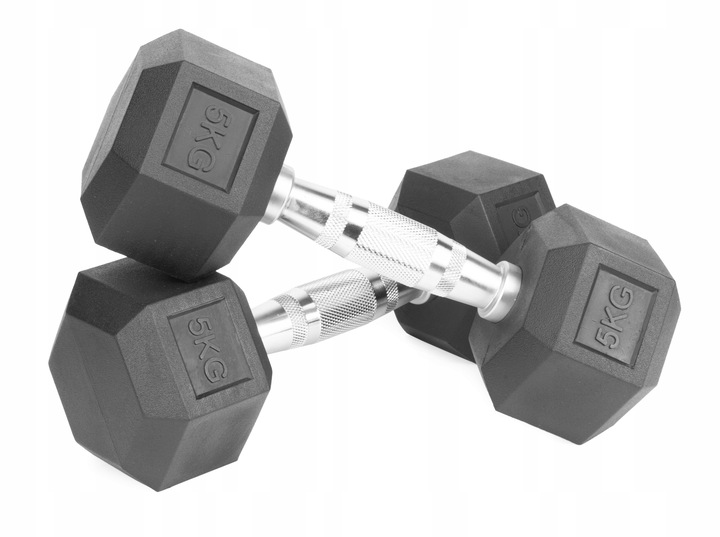 Hantle stałe 2x5kg żeliwne gumowane ZESTAW 10kg HEX do treningu SOLIDNE