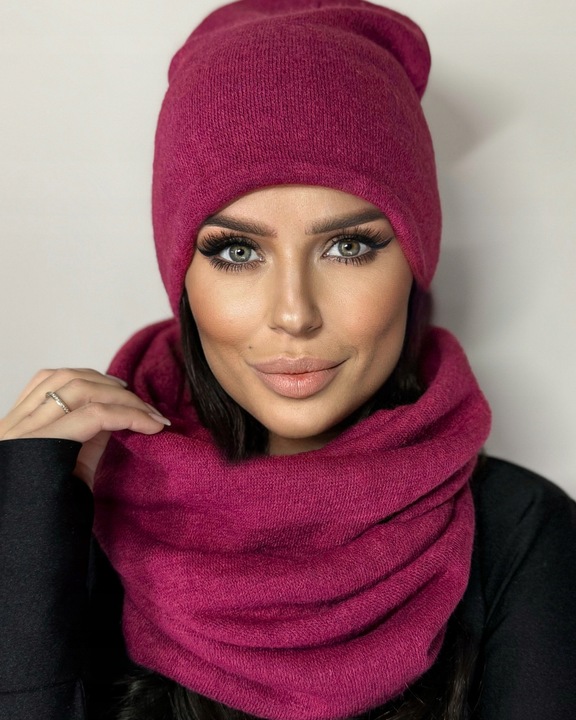 POLSKI KOMPLET DAMSKI KOBIECY ZIMOWY CZAPKA KOMIN DUŻY CIEPŁY JAGODOWY 2468