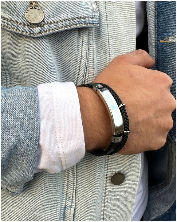 Bransoletka męska SKÓRZANA z GRAWEREM srebrna STAL prezent + GRAWER GRATIS