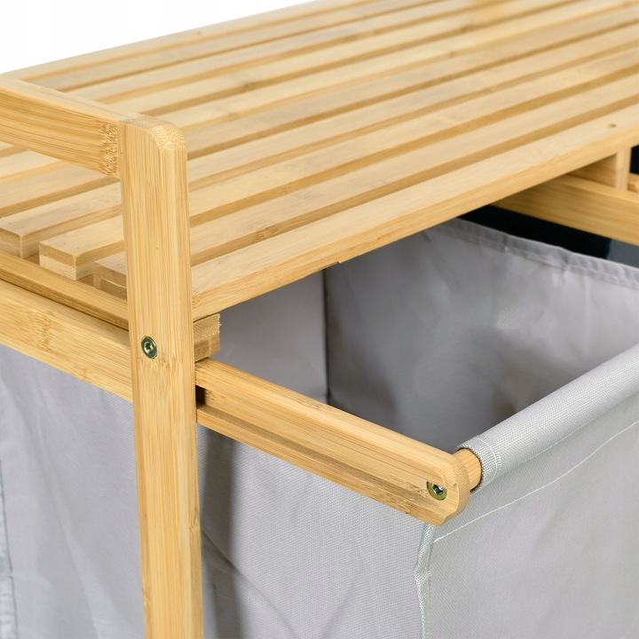 POJEMNIK KOSZ NA PRANIE BIELIZNĘ BAMBUSOWY WYSUWANY PODWÓJNY Z PÓŁKĄ 80L