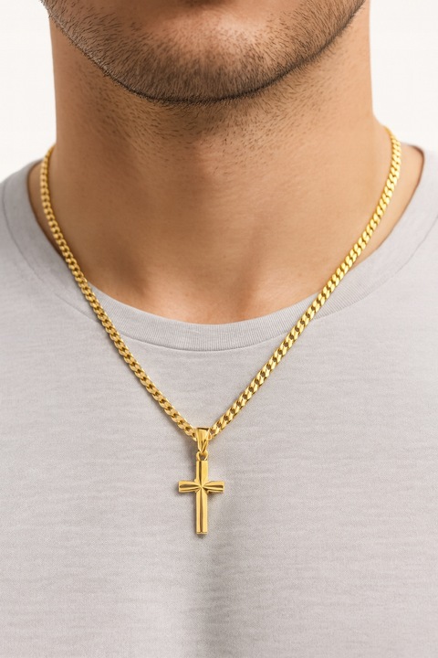 Złoty Łańcuszek 925/585 Męski Pełny Pancerka z Krzyżykiem Grawer