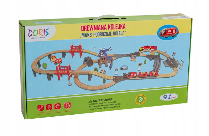 Drewniana Kolejka Elektryczna POCIĄG NA BATERIE x2 WAGONY TUNEL TOR Dźwięk