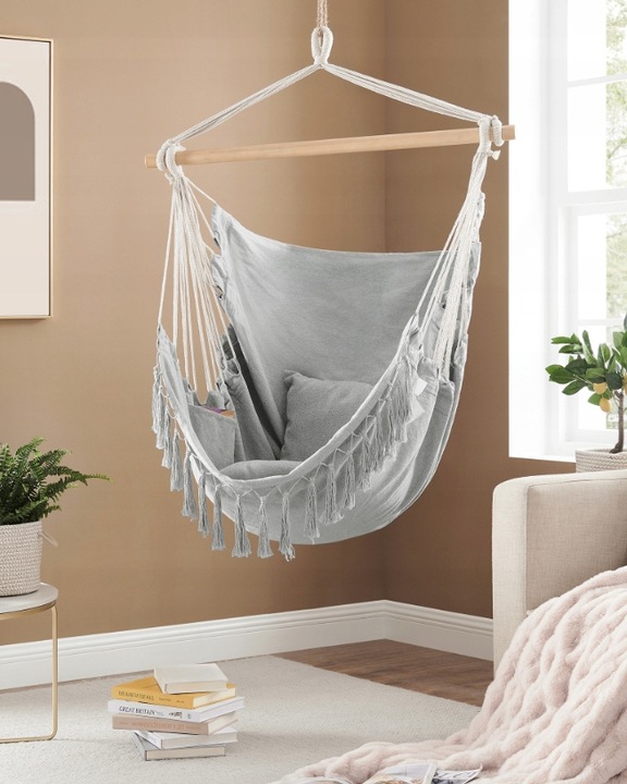 KRZESŁO BRAZYLIJSKIE FOTEL WISZĄCY HAMAK HUŚTAWKA JASNY SZARY Z PODUSZKAMI