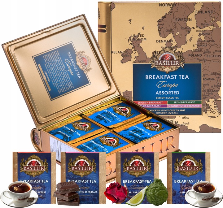 Basilur BREAKFAST EUROPE zestaw herbat 4 SMAKI na PREZENT puszka - 32 szt.