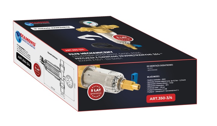 Filtr mosiężny mechaniczny z płukaniem Diamond 3/4 śrubunki manometr klucz