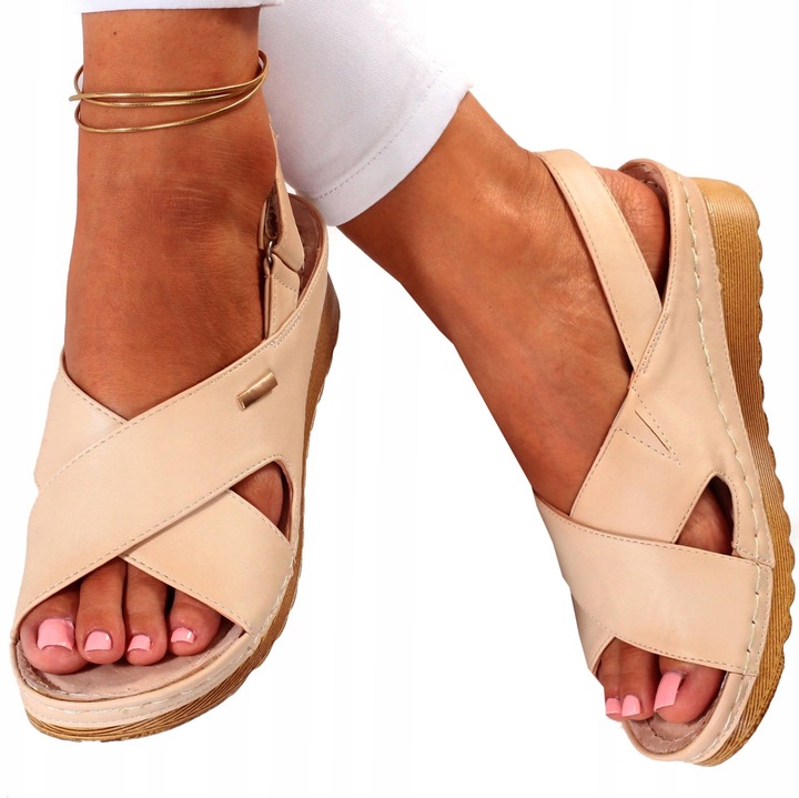 SANDAŁY DAMSKIE POLSKIE SKÓRA NISKI KOTURN RZEP