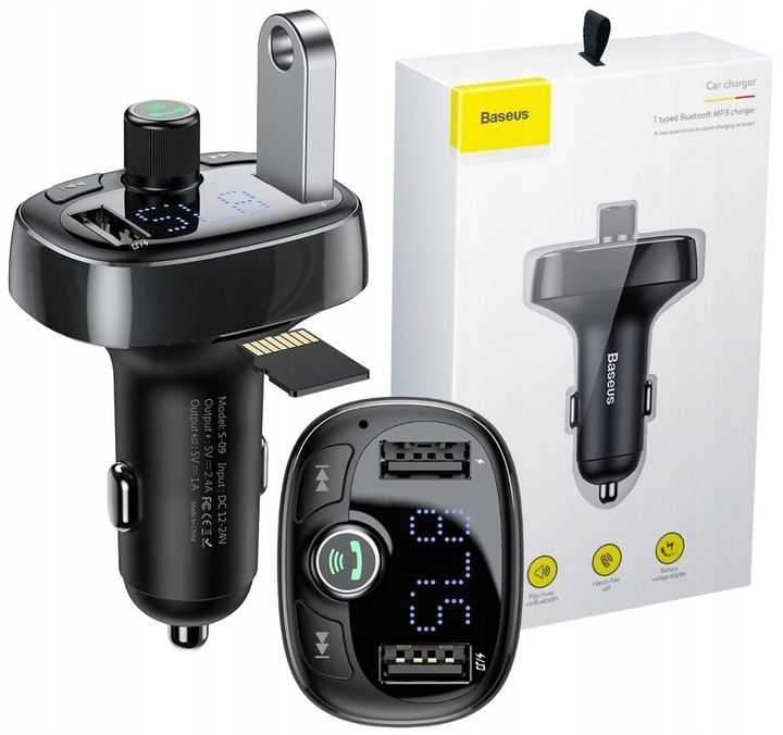 BASEUS TRANSMITER FM BLUETOOTH ŁADOWARKA SAMOCHODOWA MP3 2x USB SD/ TF 3.4A