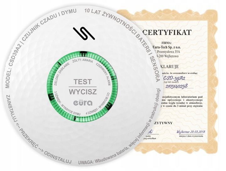 2w1 Czujnik CZADU tlenku węgla i dymu 10lat żywotności wbudowana bateria