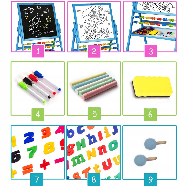 TABLICA DWUSTRONNA EDUKACYJNA DLA DZIECI MAGNETYCZNA KREDOWA + AKCESORIA