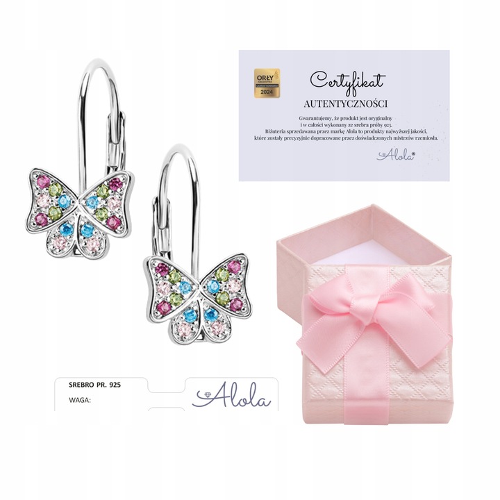 KOLCZYKI SREBRNE DLA DZIEWCZYNKI MOTYLKI KOLOROWE CYRKONIE ANGIELSKIE 925