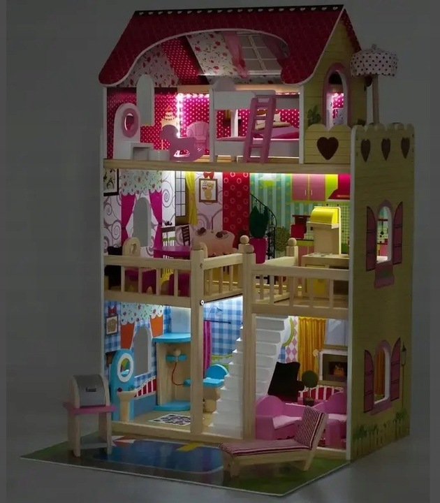 Duży Domek Dla Lalek XXL Drewniany Mebelki Do Zestawu Oświetlenie LED