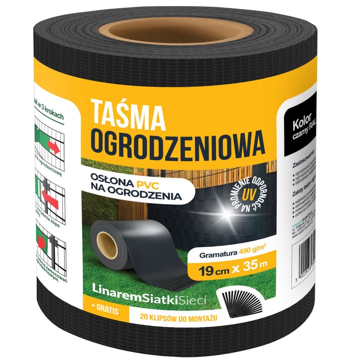 TAŚMA OGRODZENIOWA Czarna 35m 20 KLIPSÓW GRATIS