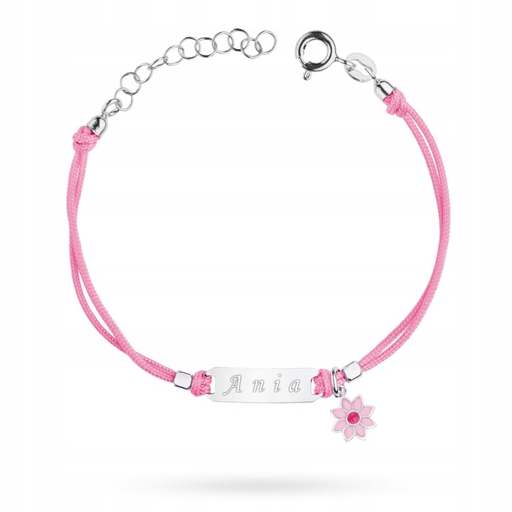 SREBRNA BRANSOLETKA Dziecięca pr. 925 Różowy Sznurek Kwiatek + GRAWER