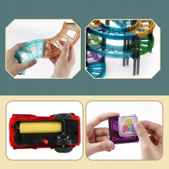 KLOCKI MAGNETYCZNE DLA DZIECI EDUKACYJNE PANELE KOLEJKA TOR + 2 AUTKA 59 EL