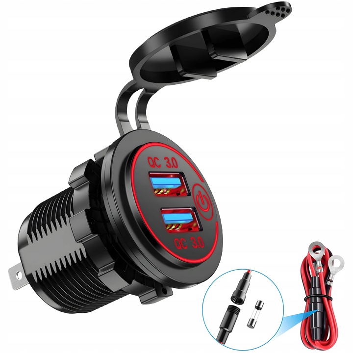 PODWÓJNA ŁADOWARKA SAMOCHODOWA GNIAZDO ZAPALNICZKI MONTAŻOWE 2x USB 5V 2.1A